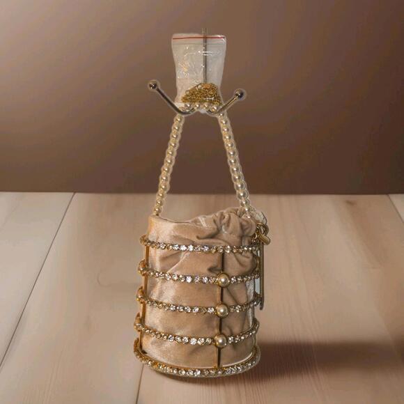 Handbags - Rhinestone & Pearl Metal Frame Tube Clutch With Gold Purse Chain & Nude Bag NIB